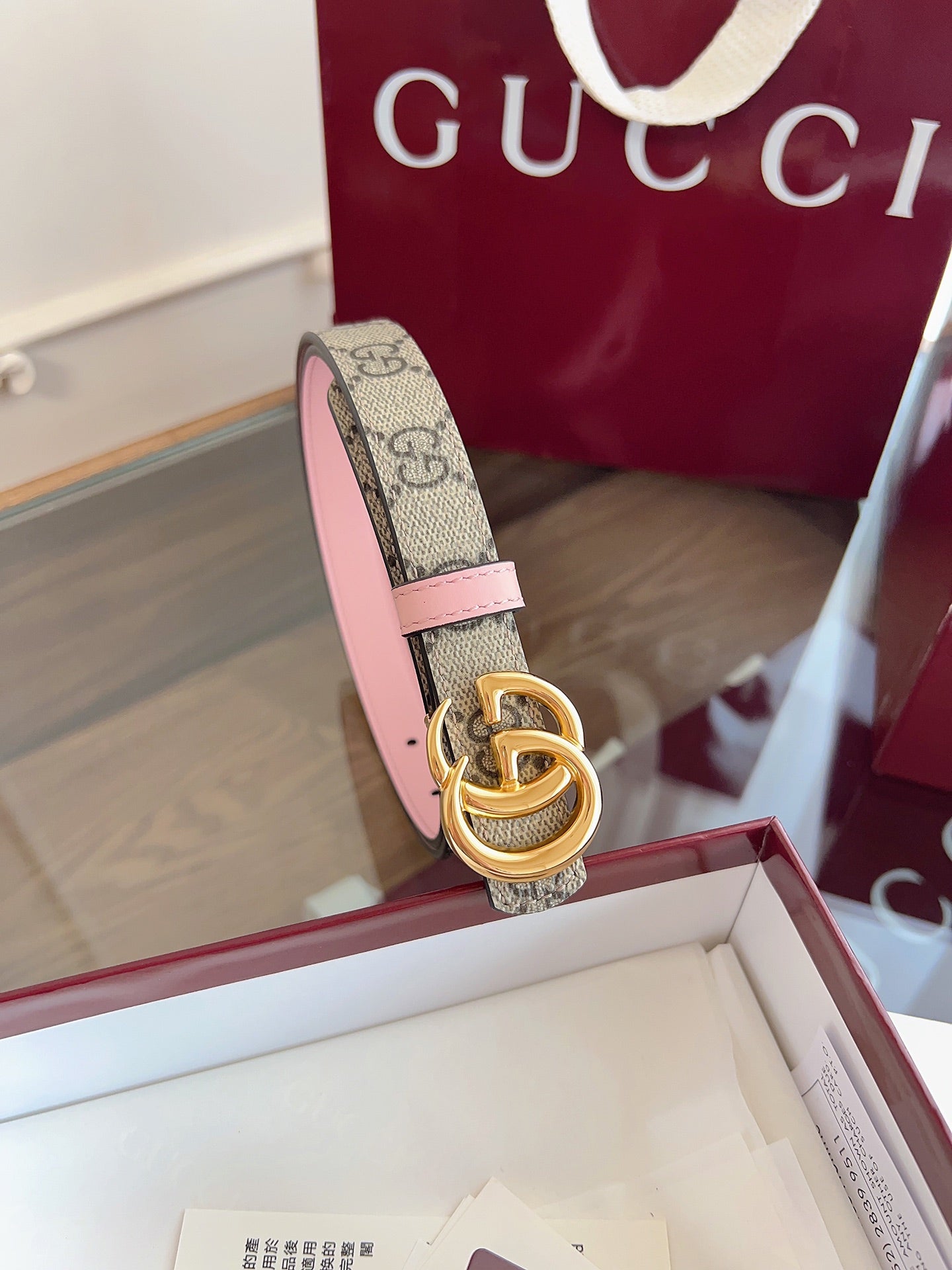 Women's Reversible GG Canvas Belt — 2.0 cm Pink Calfskin Double G Buckle