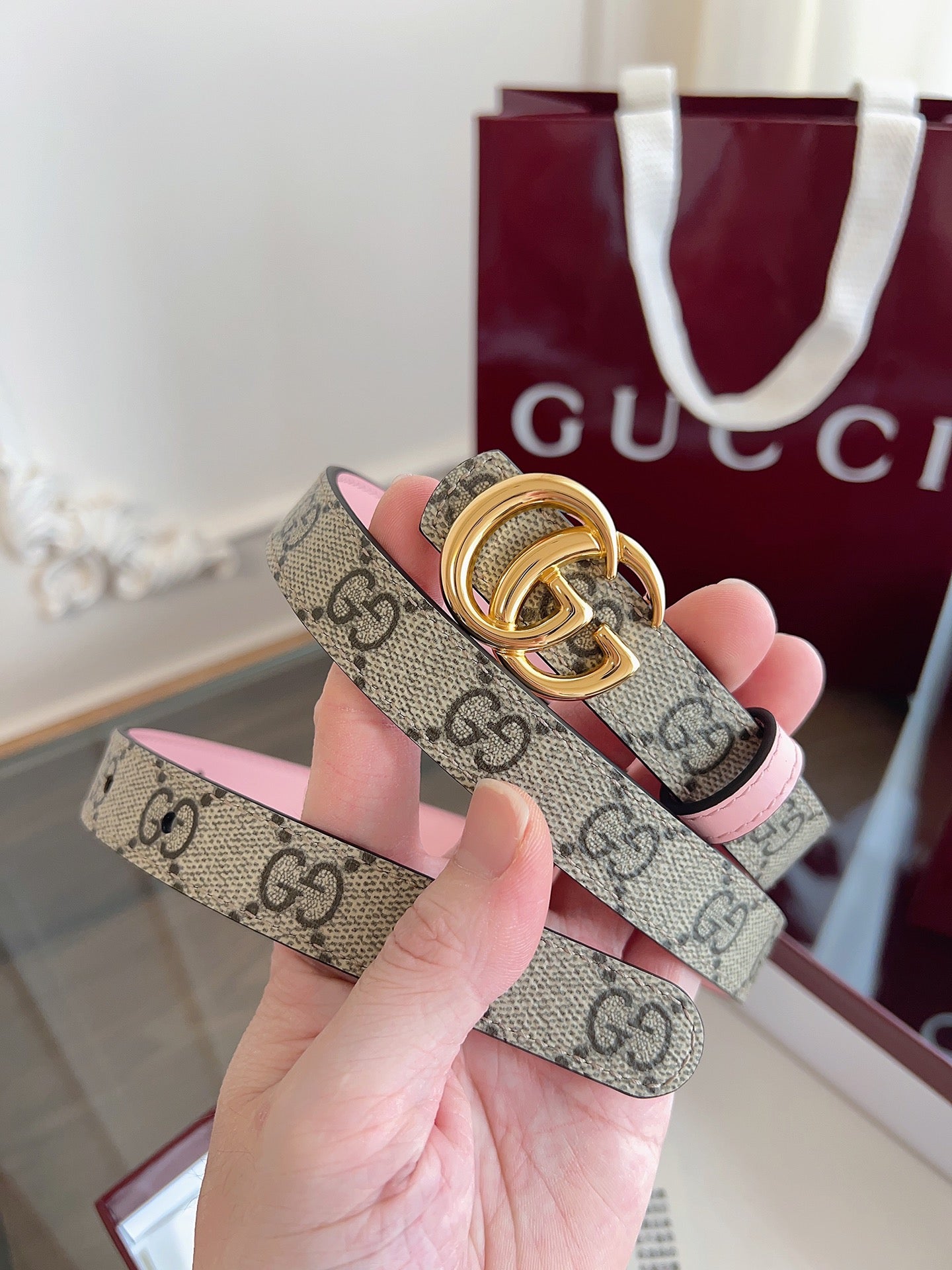 Women's Reversible GG Canvas Belt — 2.0 cm Pink Calfskin Double G Buckle