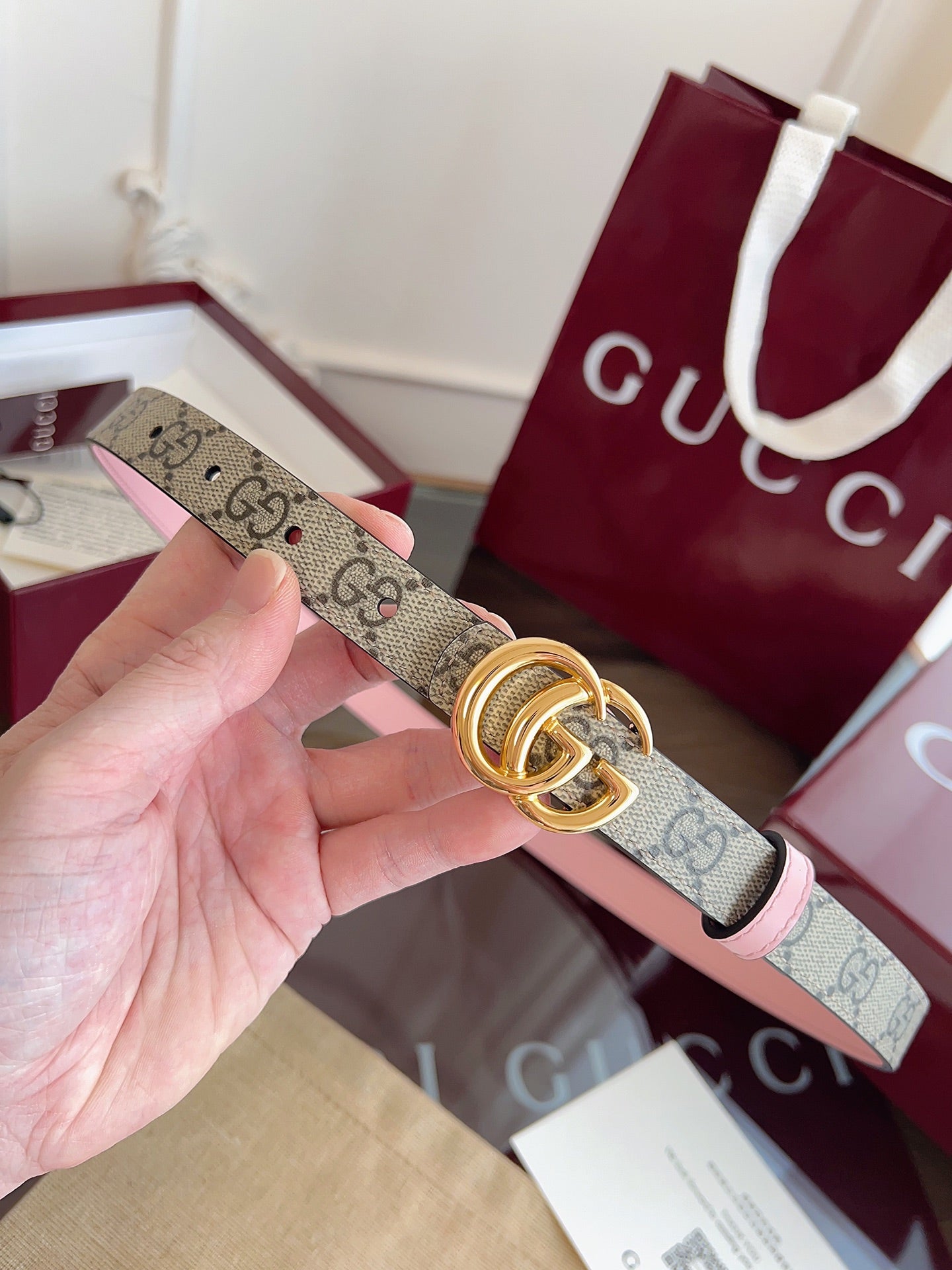 Women's Reversible GG Canvas Belt — 2.0 cm Pink Calfskin Double G Buckle