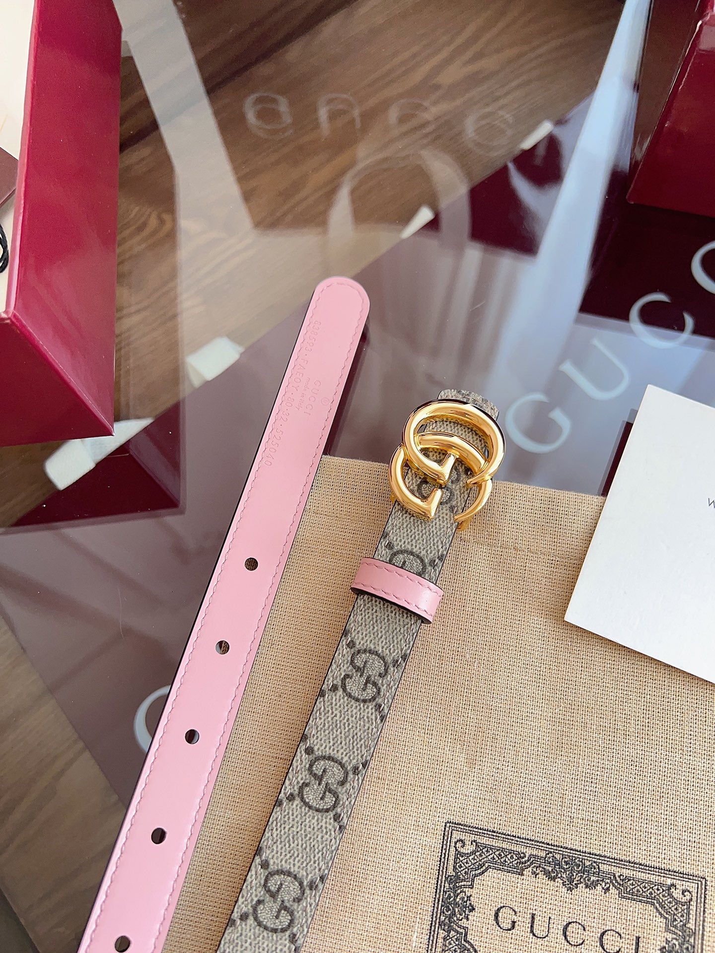 Women's Reversible GG Canvas Belt — 2.0 cm Pink Calfskin Double G Buckle
